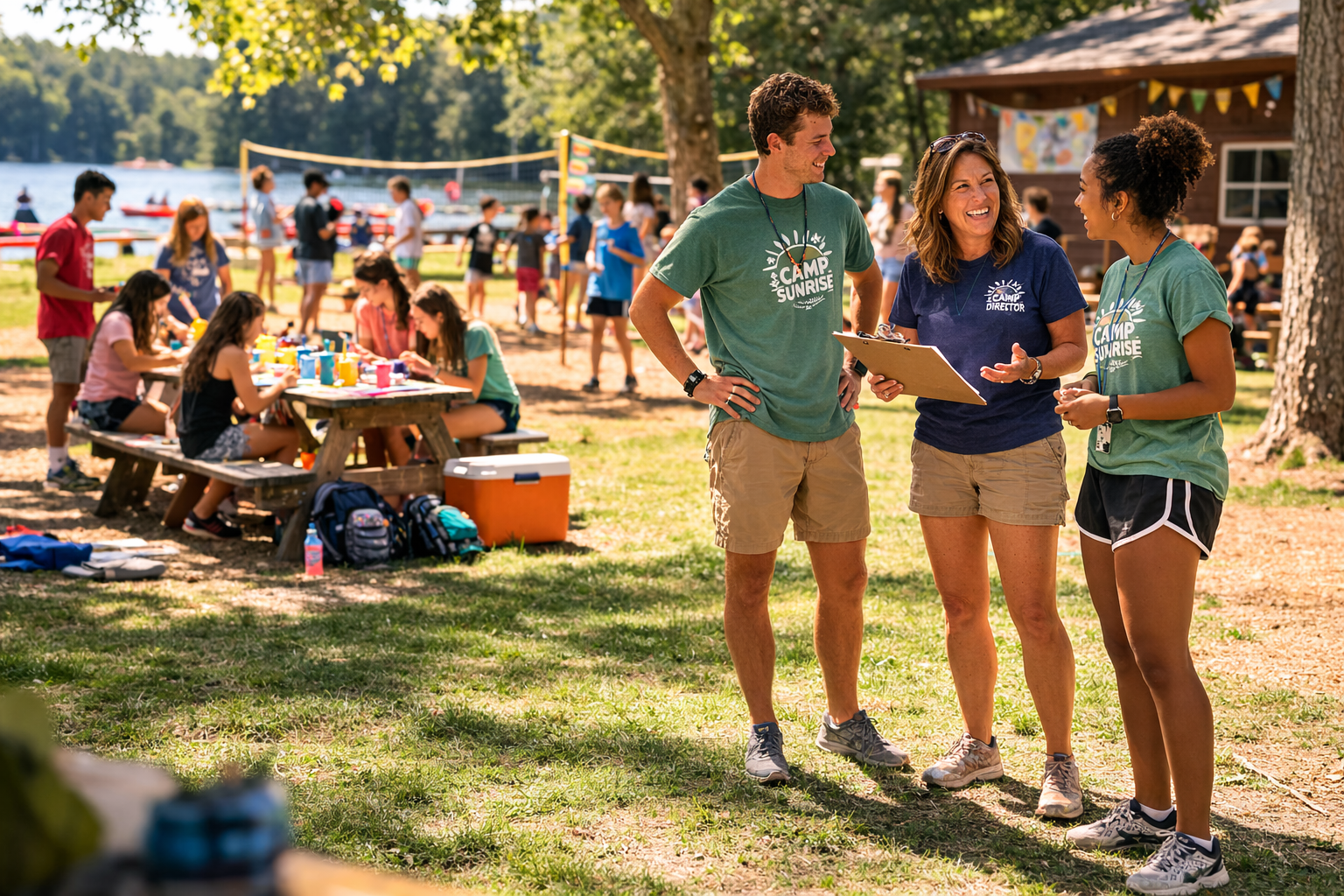 Camp counselors collaborating by the lake on a sunny day