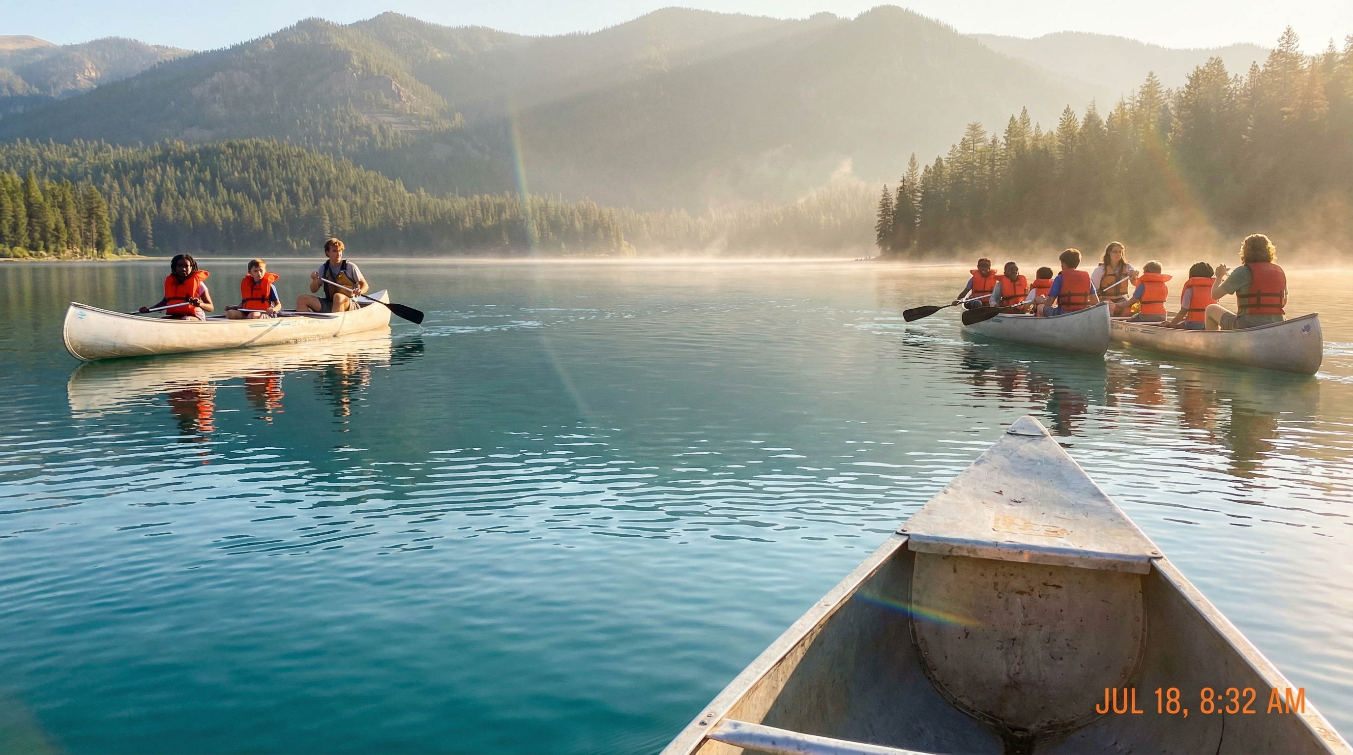 Campers canoeing on a misty mountain lake at sunrise