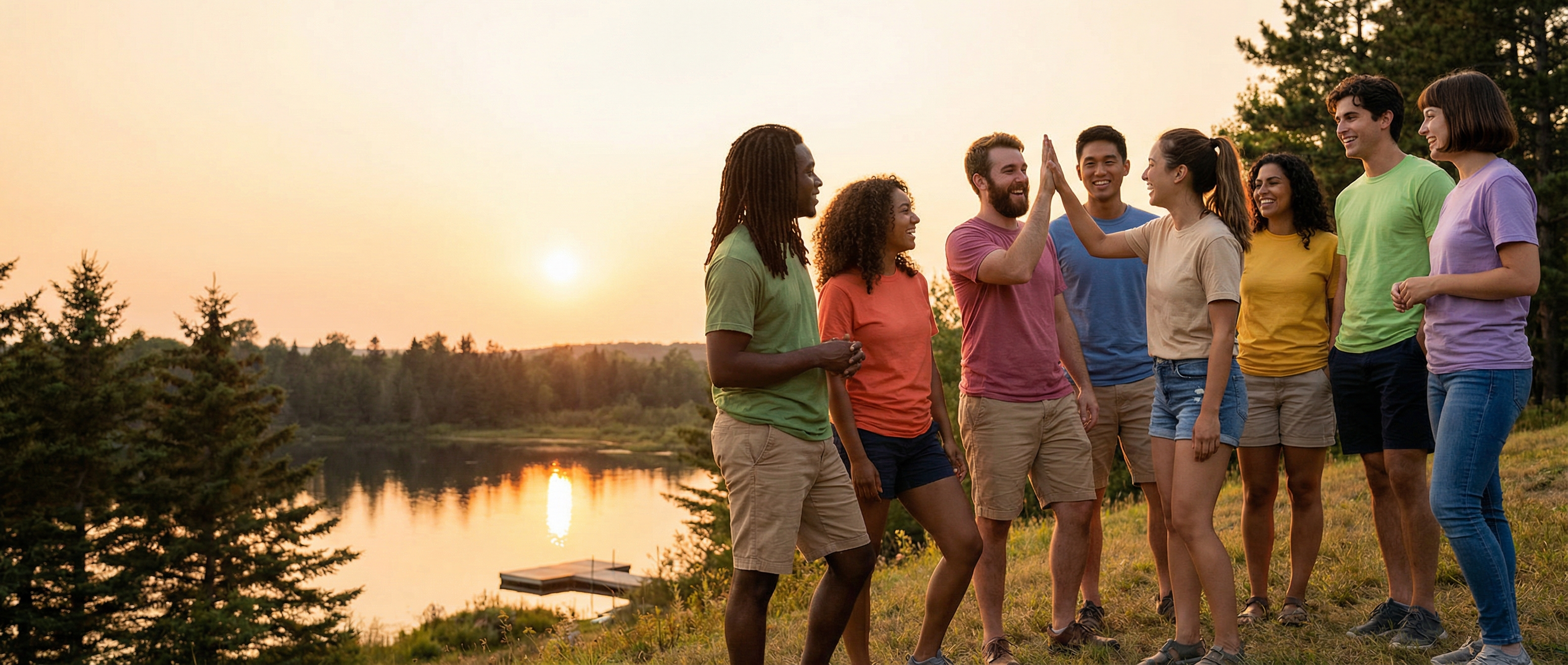 Diverse summer camp counselors high-fiving by the lake at golden hour