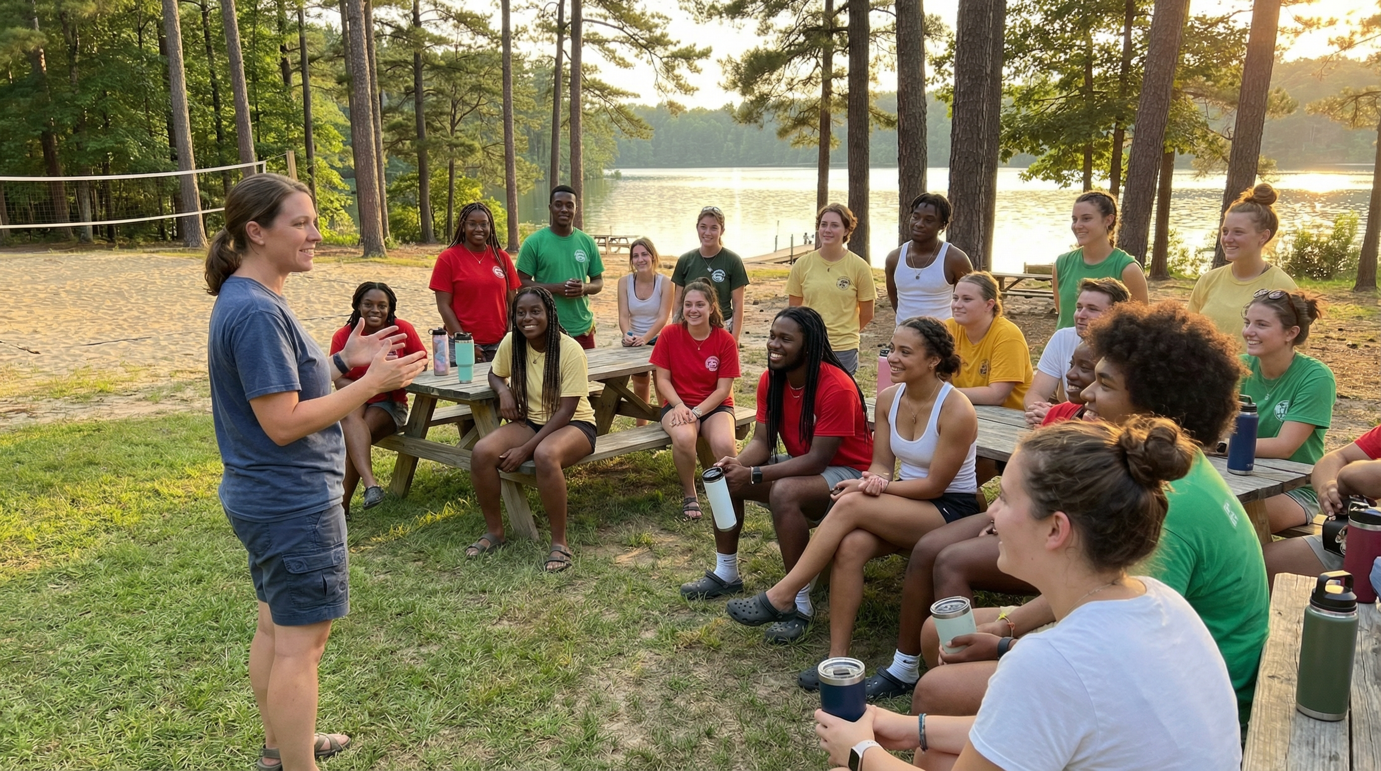 Camp director addressing staff at an outdoor meeting before campers arrive
